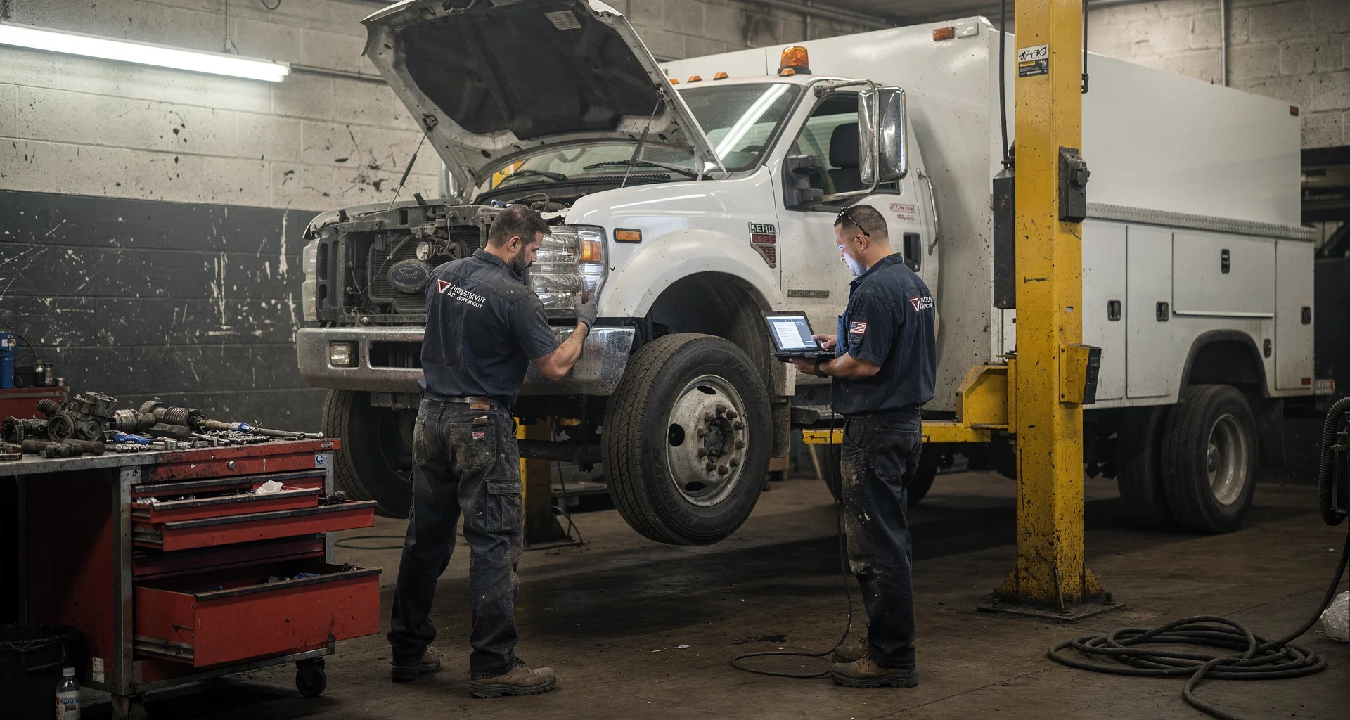 Commercial work truck undergoing maintenance inside Fleet Plus Auto Repair bay