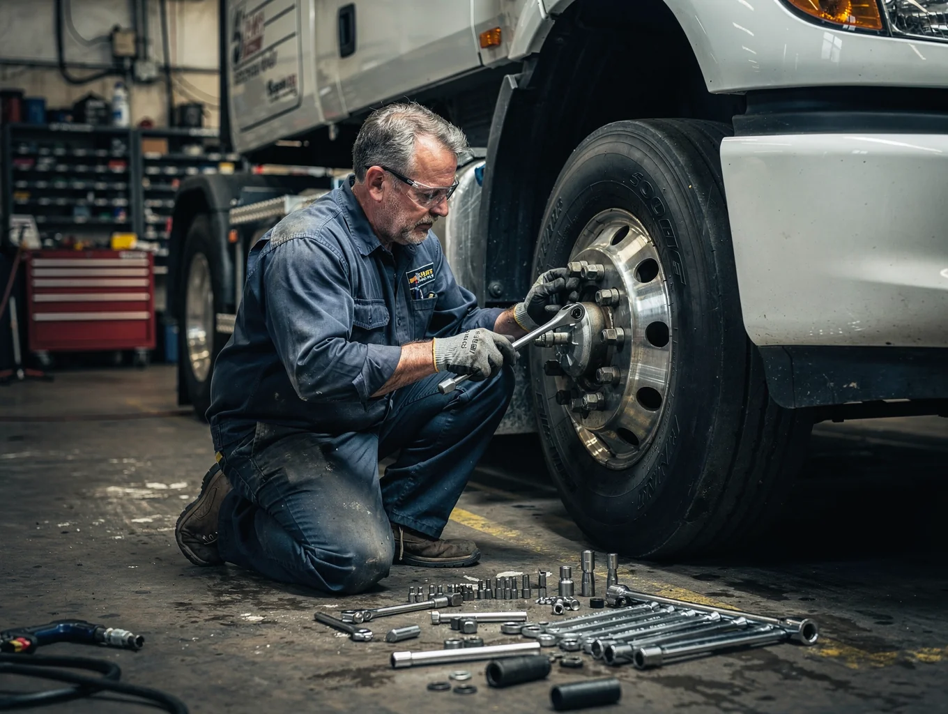 Fleet mechanic servicing commercial vehicle brakes inside the garage bay