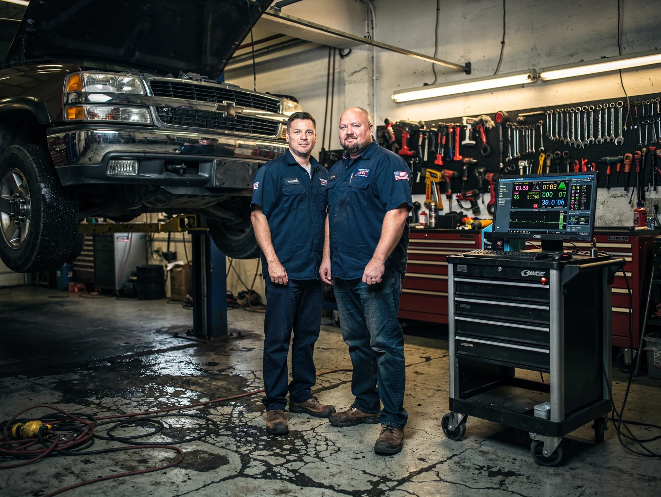 Fleet Plus Auto Repair mechanics servicing a vehicle inside the Collegeville shop bay