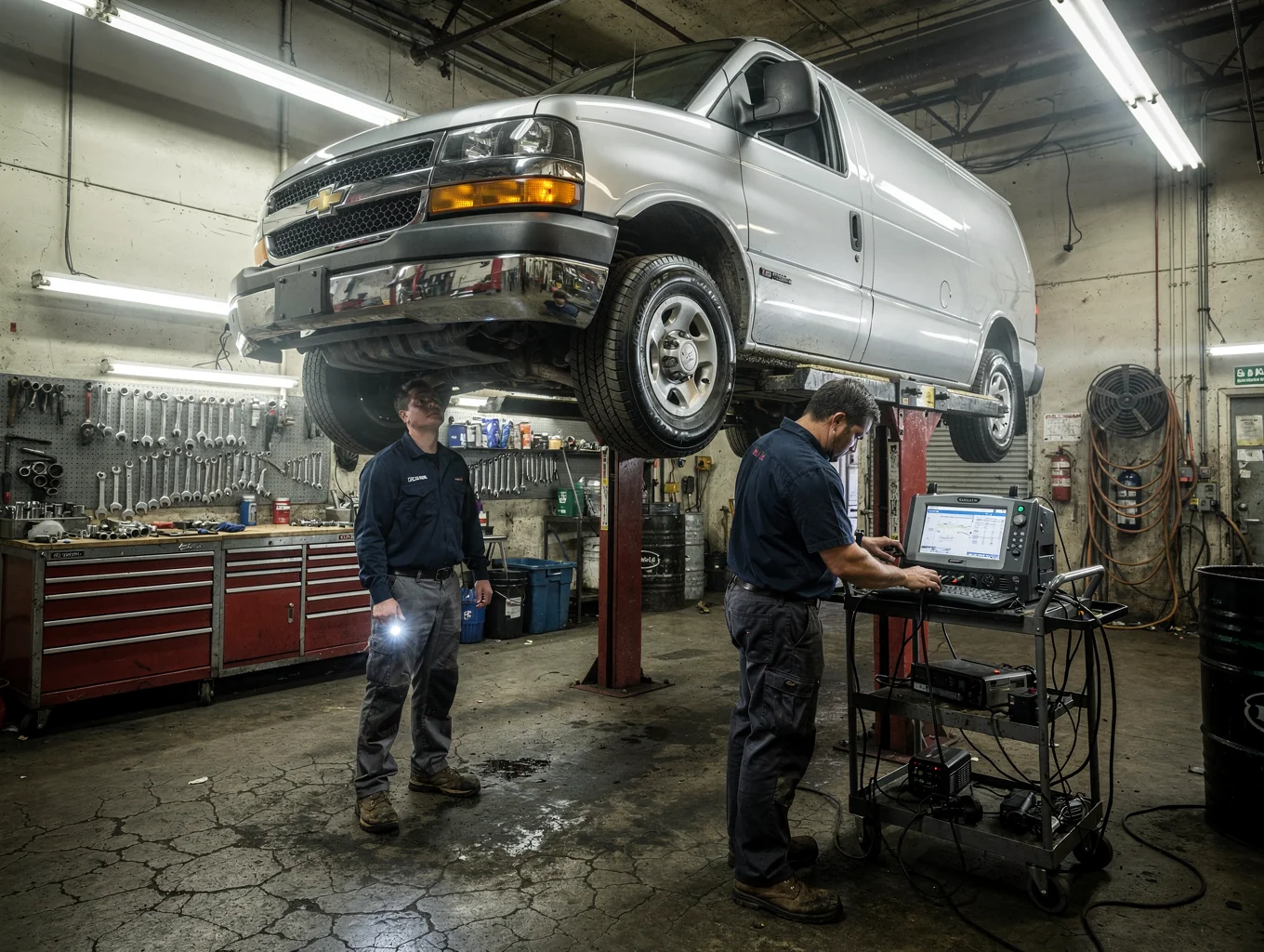 Commercial work van undergoing fleet maintenance at Fleet Plus Auto Repair