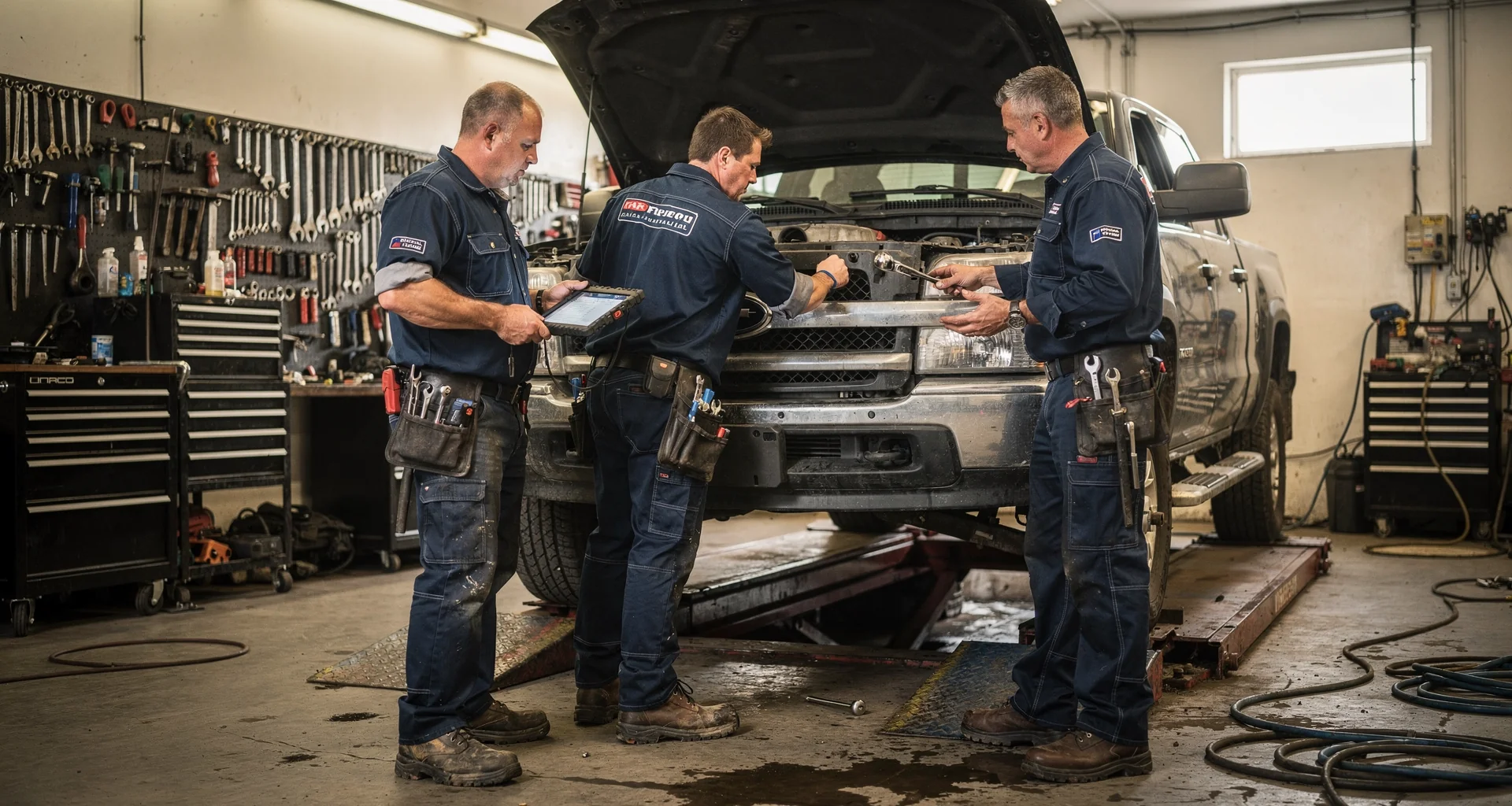 Justin Huff and the Fleet Plus Auto Repair team working in the repair bay