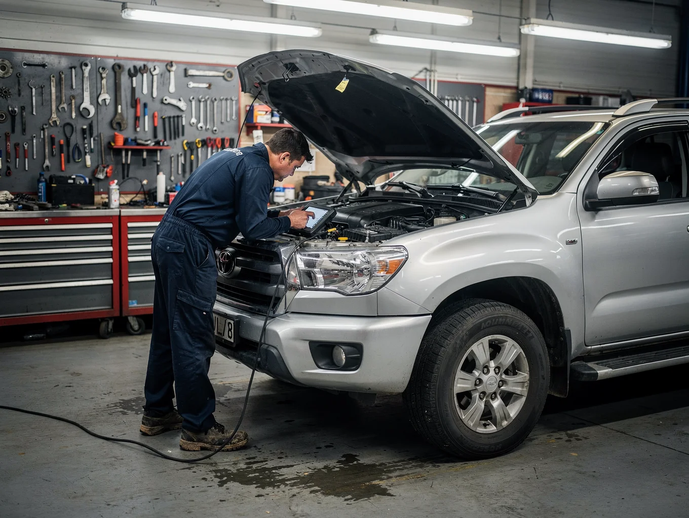 Mechanic performing diagnostic engine inspection on a pickup truck